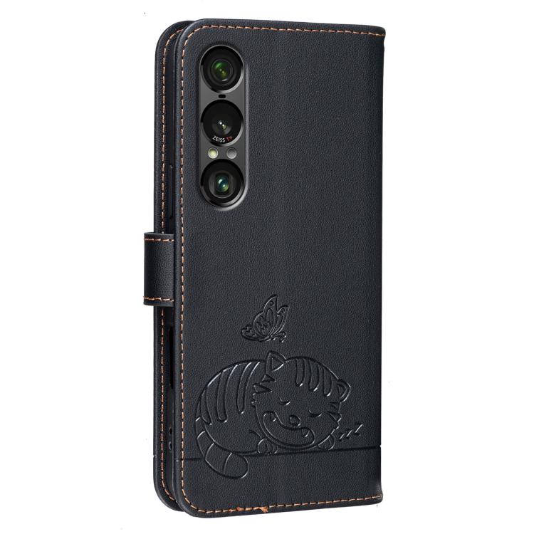 For Sony Xperia 1 VII Cat Butterfly Embossed RFID Vegan Leather Phone Case with Strap