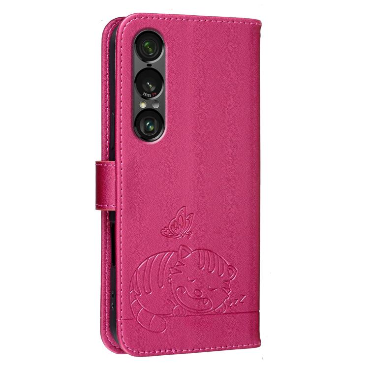 For Sony Xperia 1 VII Cat Butterfly Embossed RFID Vegan Leather Phone Case with Strap