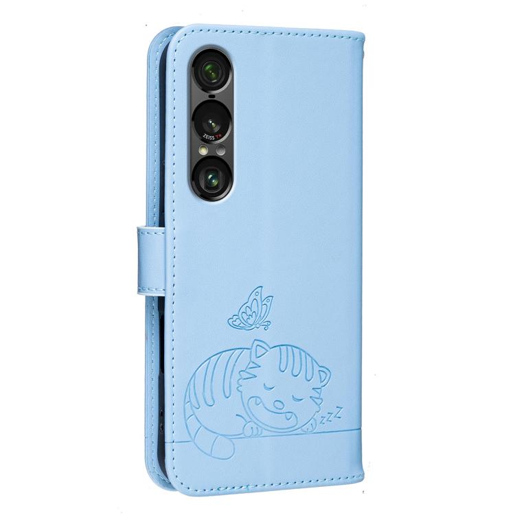 For Sony Xperia 1 VII Cat Butterfly Embossed RFID Vegan Leather Phone Case with Strap
