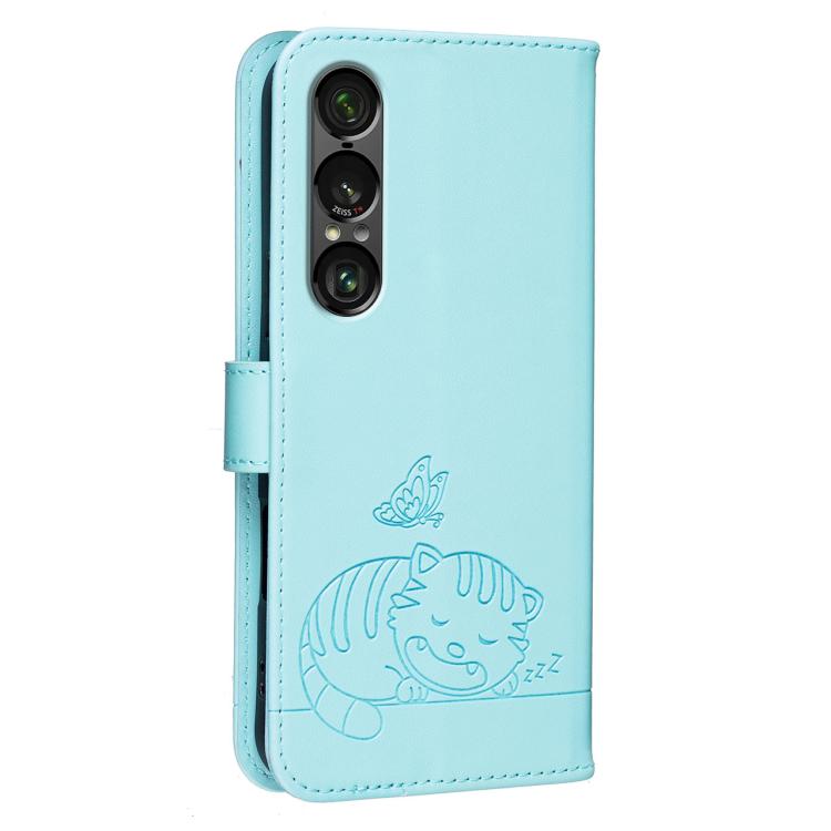 For Sony Xperia 1 VII Cat Butterfly Embossed RFID Vegan Leather Phone Case with Strap