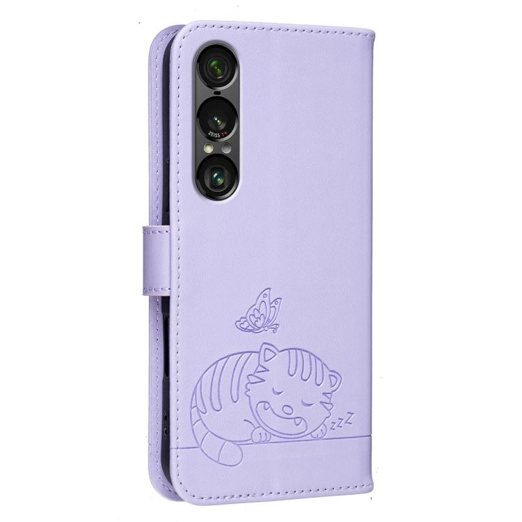 For Sony Xperia 1 VII Cat Butterfly Embossed RFID Vegan Leather Phone Case with Strap