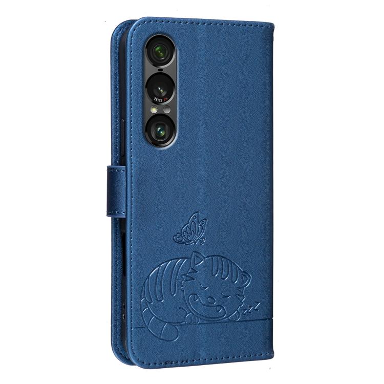For Sony Xperia 1 VII Cat Butterfly Embossed RFID Vegan Leather Phone Case with Strap