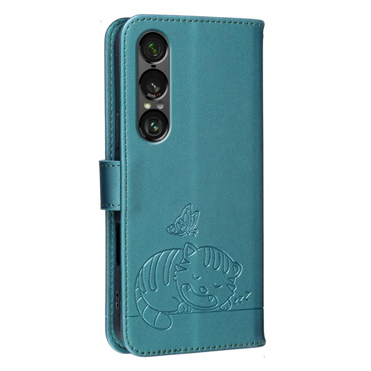 For Sony Xperia 1 VII Cat Butterfly Embossed RFID Vegan Leather Phone Case with Strap