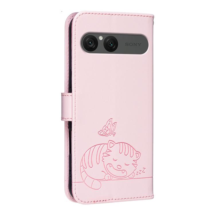For Sony Xperia 10 VII Cat Butterfly Embossed RFID Vegan Leather Phone Case with Strap