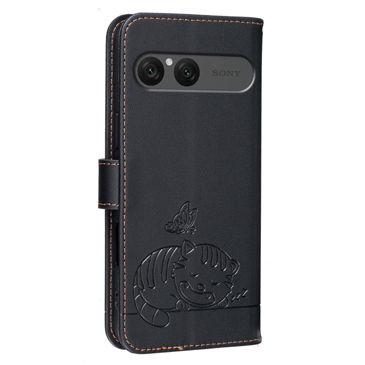 For Sony Xperia 10 VII Cat Butterfly Embossed RFID Vegan Leather Phone Case with Strap