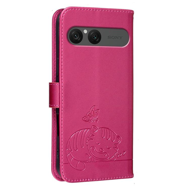 For Sony Xperia 10 VII Cat Butterfly Embossed RFID Vegan Leather Phone Case with Strap