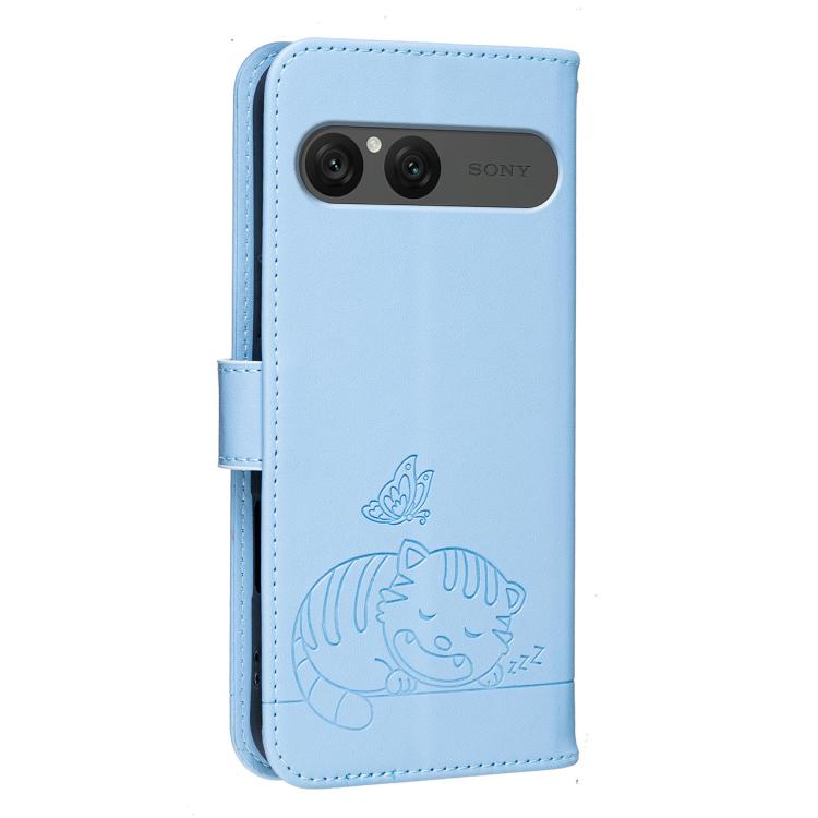 For Sony Xperia 10 VII Cat Butterfly Embossed RFID Vegan Leather Phone Case with Strap