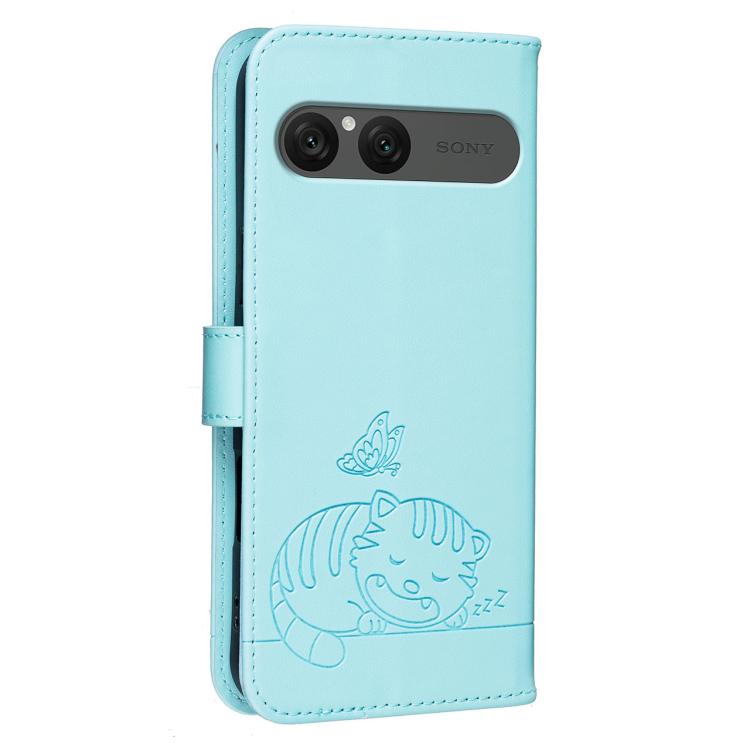 For Sony Xperia 10 VII Cat Butterfly Embossed RFID Vegan Leather Phone Case with Strap