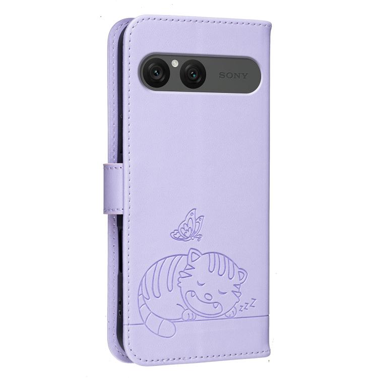 For Sony Xperia 10 VII Cat Butterfly Embossed RFID Vegan Leather Phone Case with Strap
