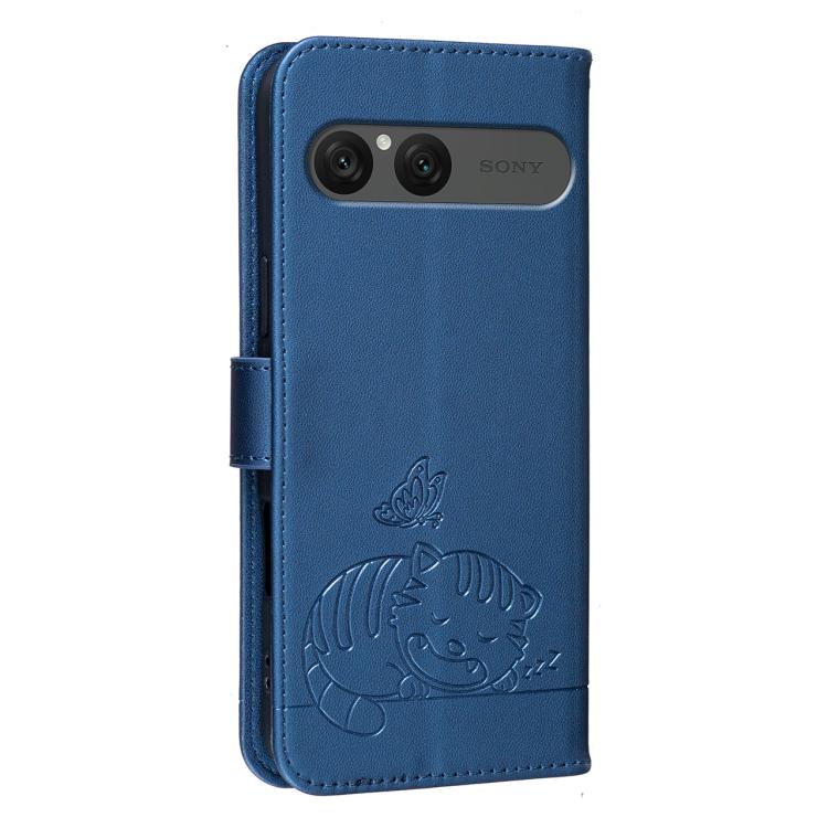 For Sony Xperia 10 VII Cat Butterfly Embossed RFID Vegan Leather Phone Case with Strap