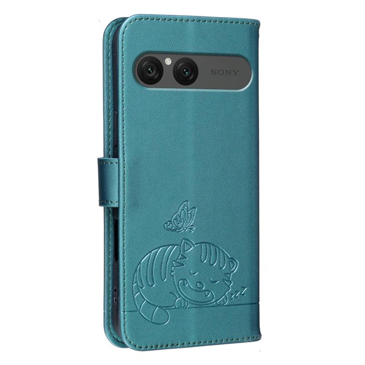 For Sony Xperia 10 VII Cat Butterfly Embossed RFID Vegan Leather Phone Case with Strap