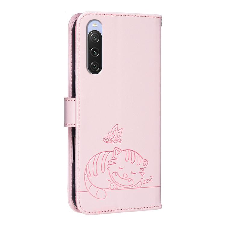 For Sony Xperia 10 V Cat Butterfly Embossed RFID Vegan Leather Phone Case with Strap