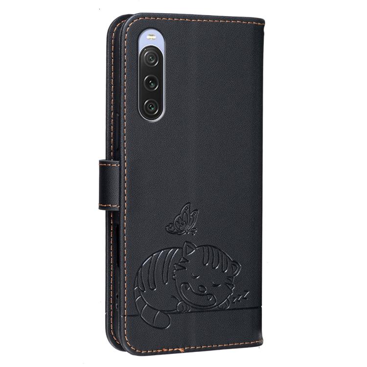 For Sony Xperia 10 V Cat Butterfly Embossed RFID Vegan Leather Phone Case with Strap