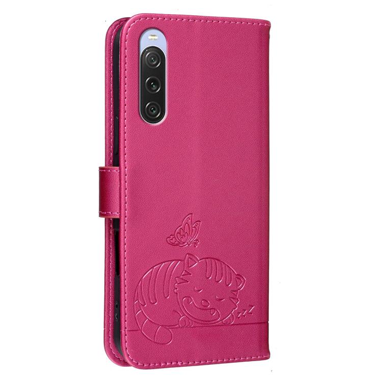 For Sony Xperia 10 V Cat Butterfly Embossed RFID Vegan Leather Phone Case with Strap