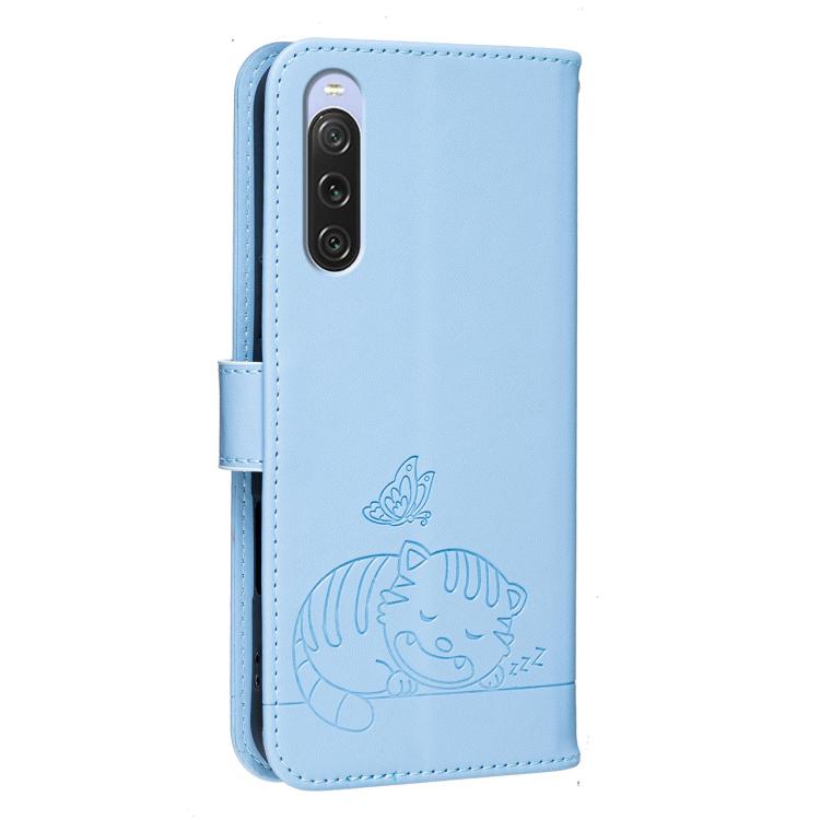 For Sony Xperia 10 V Cat Butterfly Embossed RFID Vegan Leather Phone Case with Strap