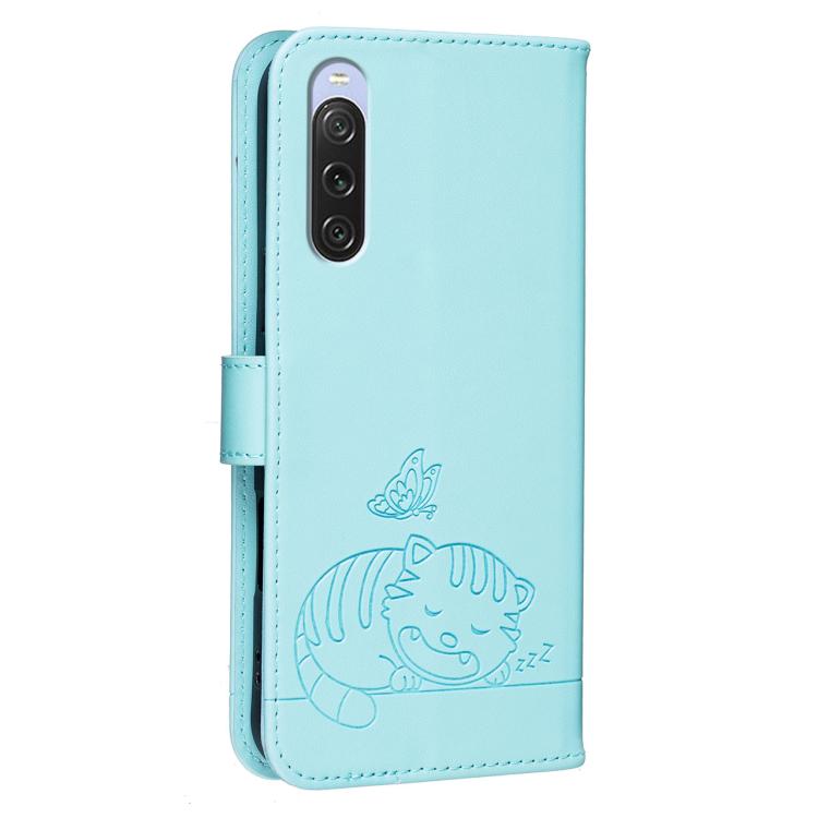 For Sony Xperia 10 V Cat Butterfly Embossed RFID Vegan Leather Phone Case with Strap