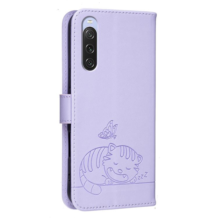 For Sony Xperia 10 V Cat Butterfly Embossed RFID Vegan Leather Phone Case with Strap