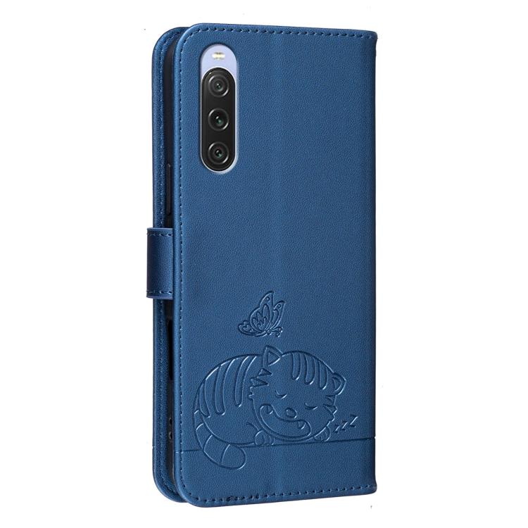 For Sony Xperia 10 V Cat Butterfly Embossed RFID Vegan Leather Phone Case with Strap