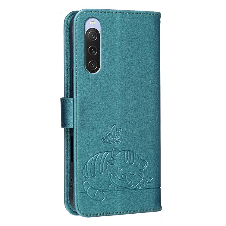 For Sony Xperia 10 V Cat Butterfly Embossed RFID Vegan Leather Phone Case with Strap