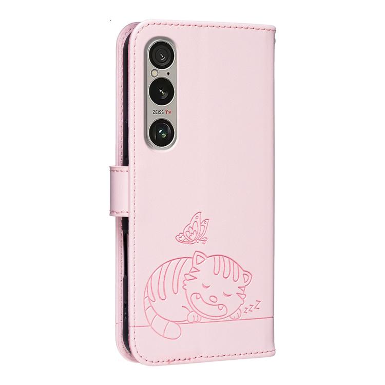 For Sony Xperia 1 VI Cat Butterfly Embossed RFID Vegan Leather Phone Case with Strap
