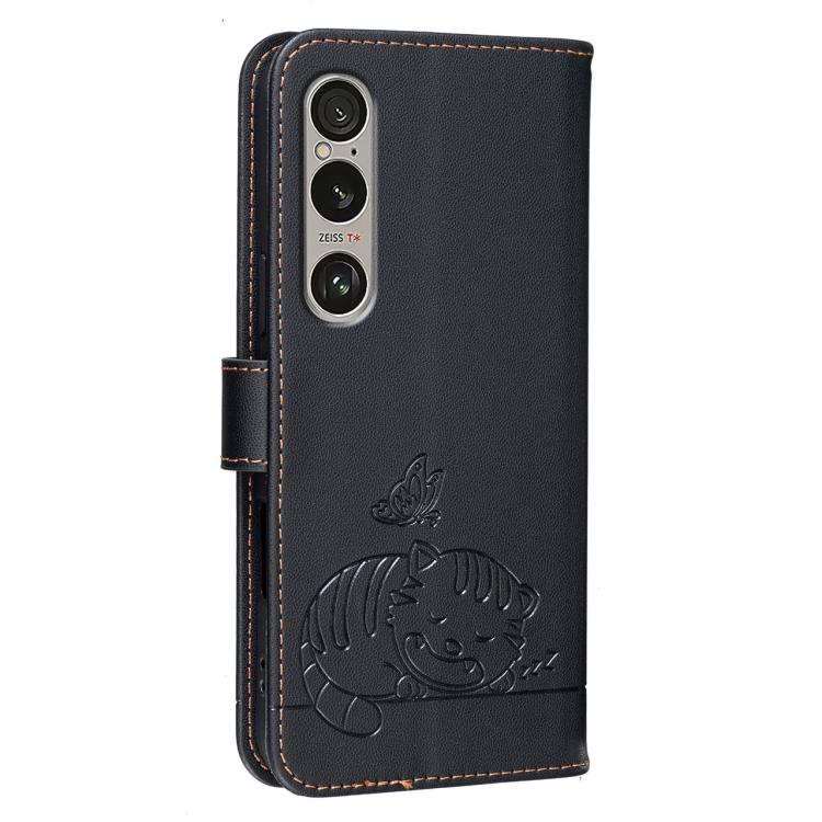 For Sony Xperia 1 VI Cat Butterfly Embossed RFID Vegan Leather Phone Case with Strap