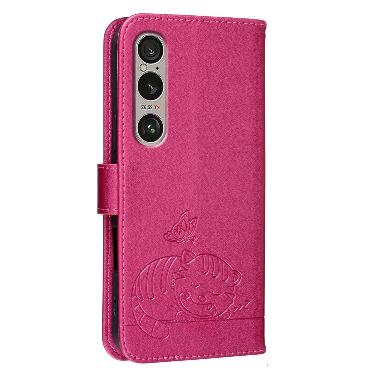 For Sony Xperia 1 VI Cat Butterfly Embossed RFID Vegan Leather Phone Case with Strap