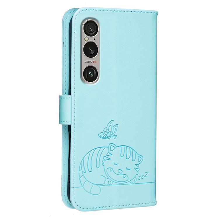 For Sony Xperia 1 VI Cat Butterfly Embossed RFID Vegan Leather Phone Case with Strap
