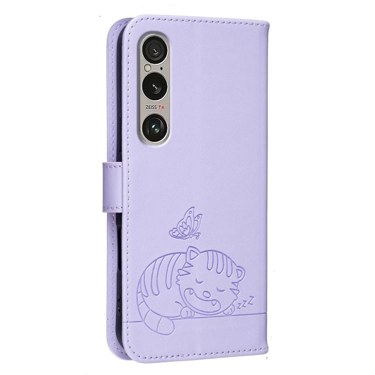 For Sony Xperia 1 VI Cat Butterfly Embossed RFID Vegan Leather Phone Case with Strap