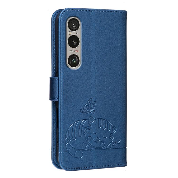 For Sony Xperia 1 VI Cat Butterfly Embossed RFID Vegan Leather Phone Case with Strap