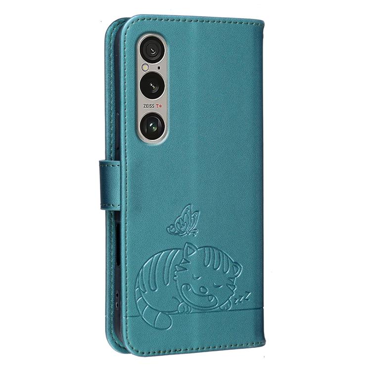For Sony Xperia 1 VI Cat Butterfly Embossed RFID Vegan Leather Phone Case with Strap