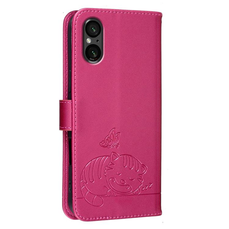 For Sony Xperia 5 V Cat Butterfly Embossed RFID Vegan Leather Phone Case with Strap