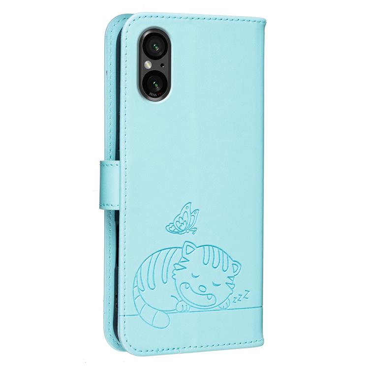 For Sony Xperia 5 V Cat Butterfly Embossed RFID Vegan Leather Phone Case with Strap