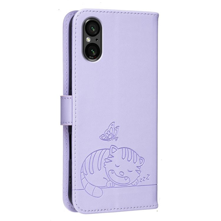 For Sony Xperia 5 V Cat Butterfly Embossed RFID Vegan Leather Phone Case with Strap