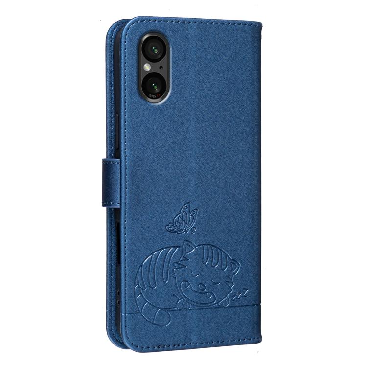 For Sony Xperia 5 V Cat Butterfly Embossed RFID Vegan Leather Phone Case with Strap