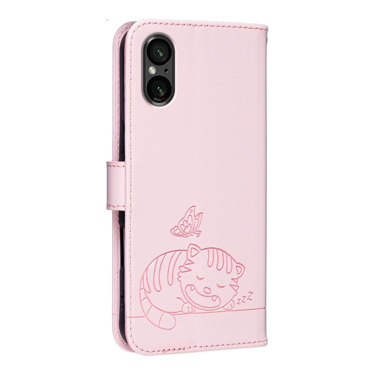 For Sony Xperia 5 VI Cat Butterfly Embossed RFID Vegan Leather Phone Case with Strap
