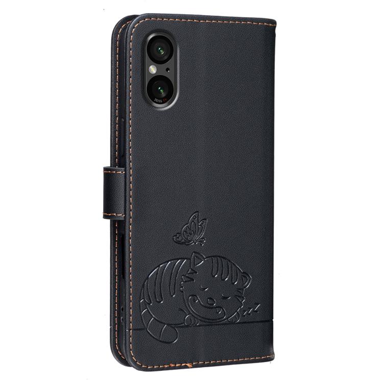 For Sony Xperia 5 VI Cat Butterfly Embossed RFID Vegan Leather Phone Case with Strap