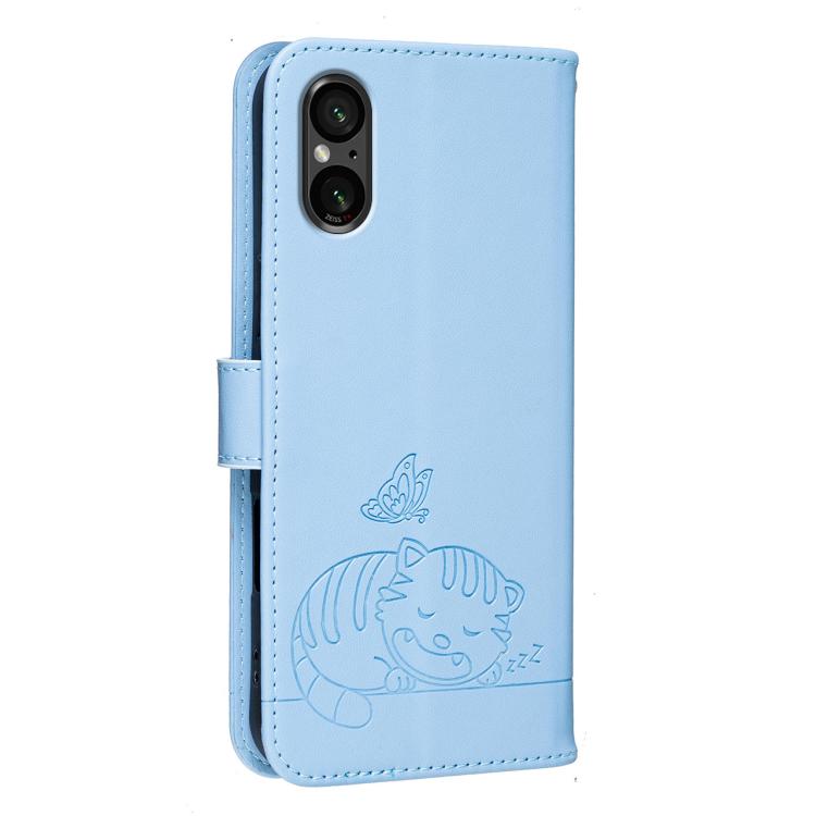 For Sony Xperia 5 VI Cat Butterfly Embossed RFID Vegan Leather Phone Case with Strap
