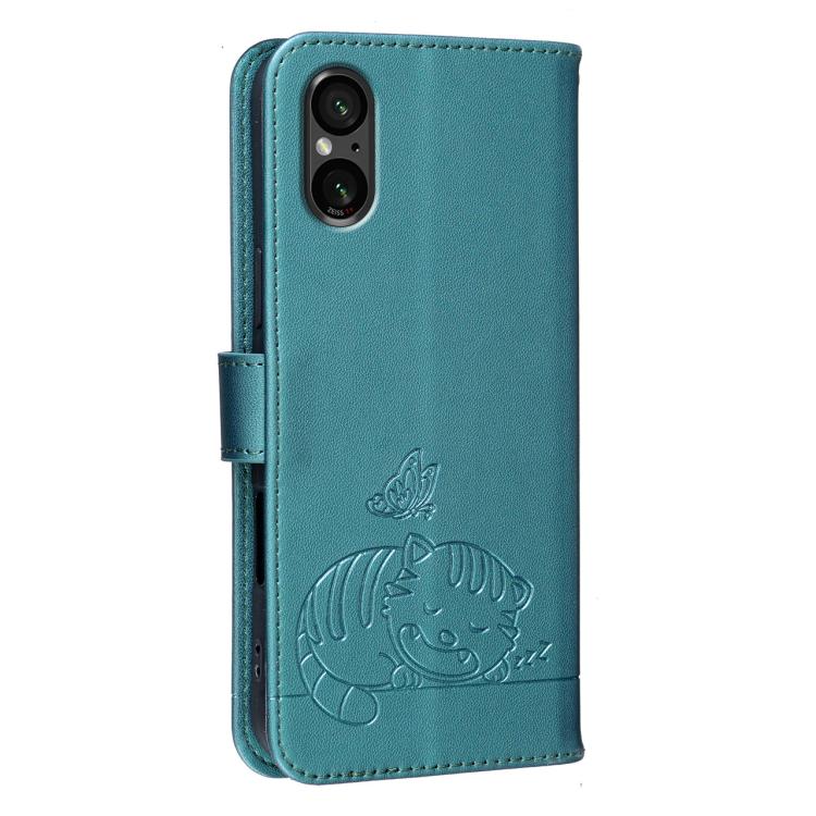 For Sony Xperia 5 VI Cat Butterfly Embossed RFID Vegan Leather Phone Case with Strap