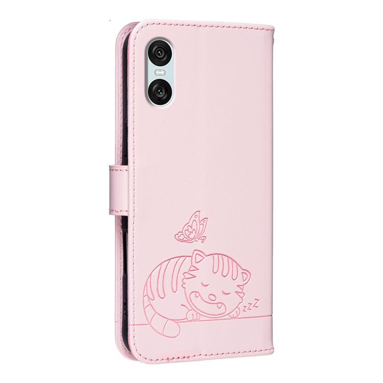 For Sony Xperia 10 VI Cat Butterfly Embossed RFID Vegan Leather Phone Case with Strap