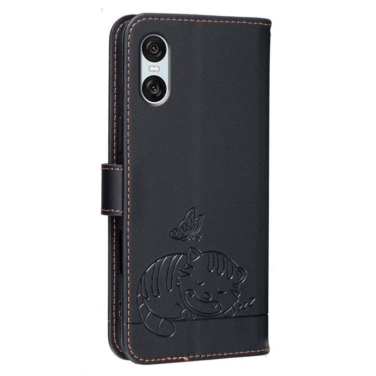 For Sony Xperia 10 VI Cat Butterfly Embossed RFID Vegan Leather Phone Case with Strap