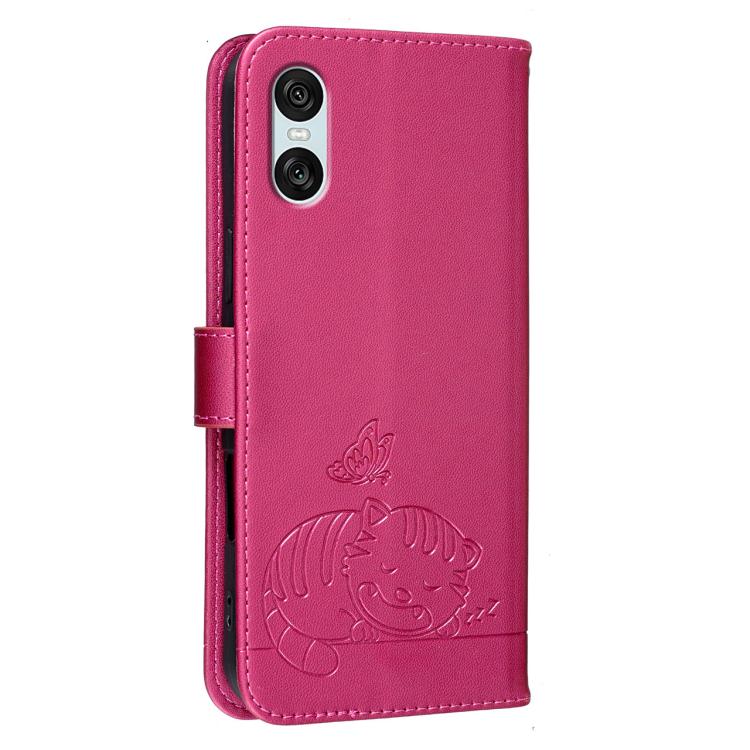 For Sony Xperia 10 VI Cat Butterfly Embossed RFID Vegan Leather Phone Case with Strap
