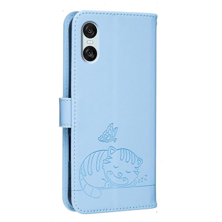 For Sony Xperia 10 VI Cat Butterfly Embossed RFID Vegan Leather Phone Case with Strap