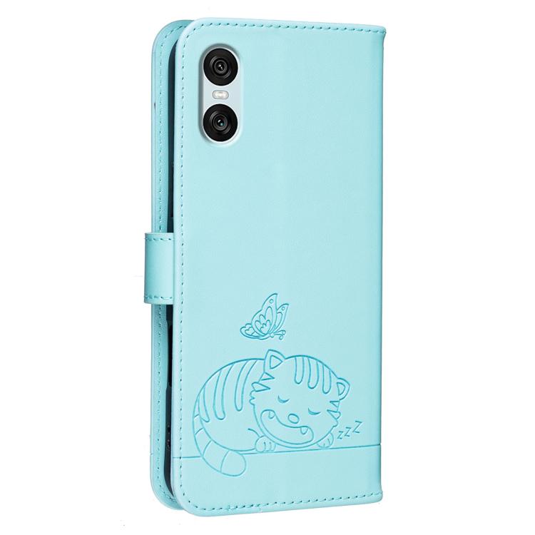 For Sony Xperia 10 VI Cat Butterfly Embossed RFID Vegan Leather Phone Case with Strap