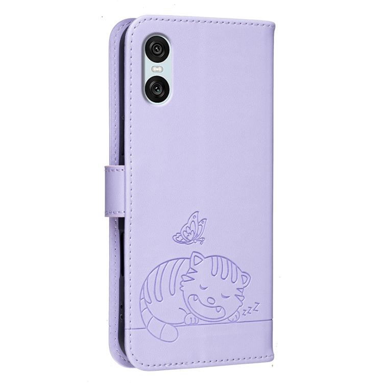 For Sony Xperia 10 VI Cat Butterfly Embossed RFID Vegan Leather Phone Case with Strap