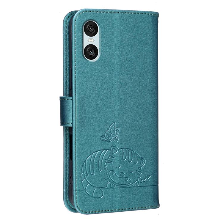 For Sony Xperia 10 VI Cat Butterfly Embossed RFID Vegan Leather Phone Case with Strap