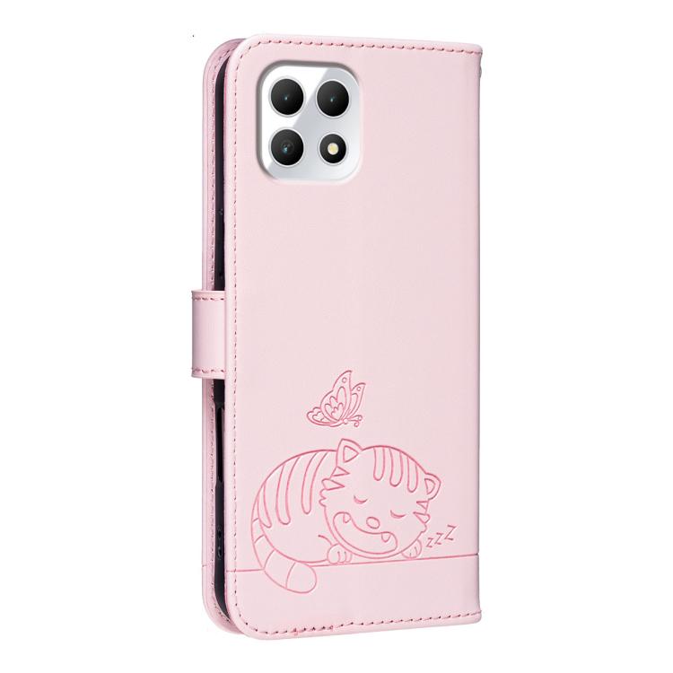 For T-Mobile Revvl 7 Cat Butterfly Embossed RFID Vegan Leather Phone Case with Strap