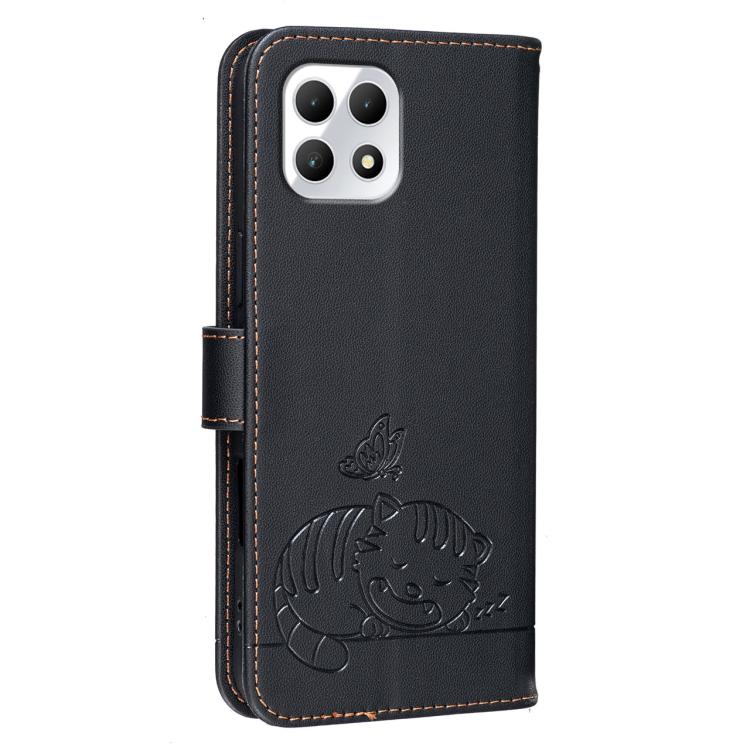 For T-Mobile Revvl 7 Cat Butterfly Embossed RFID Vegan Leather Phone Case with Strap