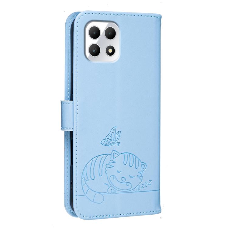 For T-Mobile Revvl 7 Cat Butterfly Embossed RFID Vegan Leather Phone Case with Strap