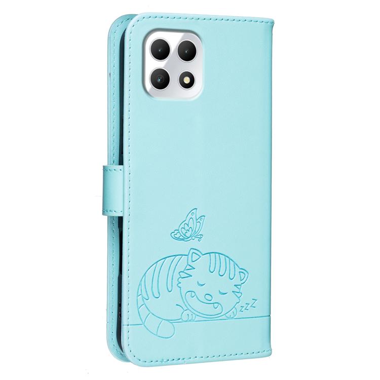 For T-Mobile Revvl 7 Cat Butterfly Embossed RFID Vegan Leather Phone Case with Strap