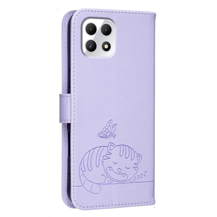 For T-Mobile Revvl 7 Cat Butterfly Embossed RFID Vegan Leather Phone Case with Strap